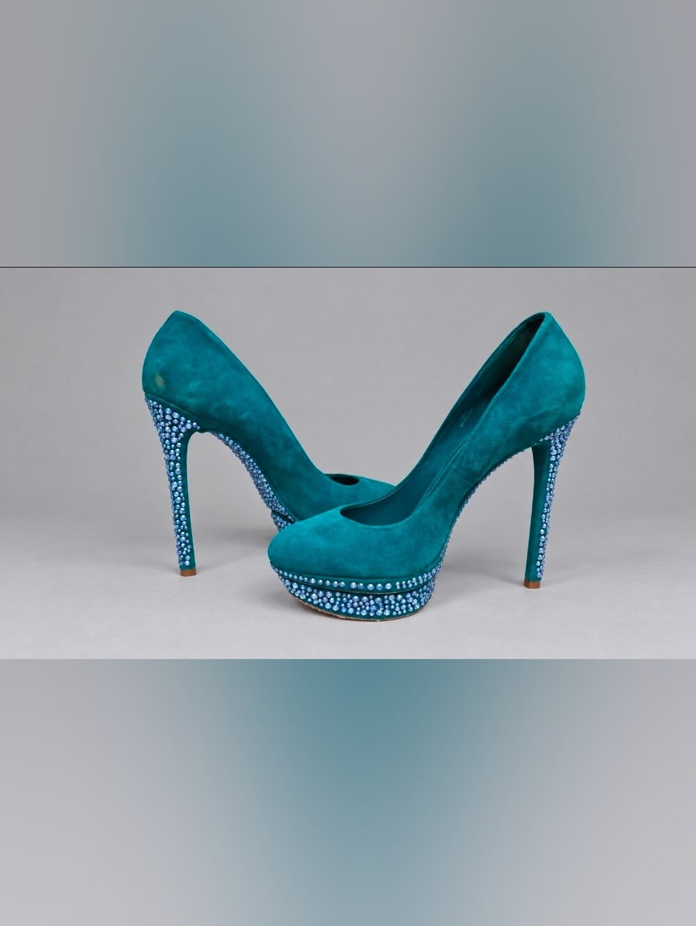 Brian Atwood Teal Suede Crystal-Embellished Platform Pumps Sz 10
